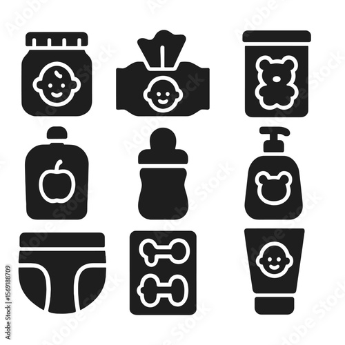 Baby Product Icons. Solid vector icons of baby product packaging: baby food jar icon, baby wipes pouch, infant formula container,