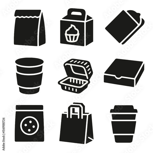 Bakery Packaging Icons. Solid vector icons of bakery and food service packaging: paper bakery bag, cupcake box, sandwich wrap icon
