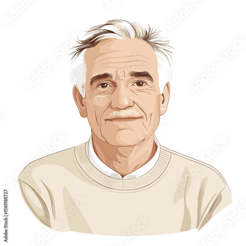 Mature man with gentle smile front view white background illustration