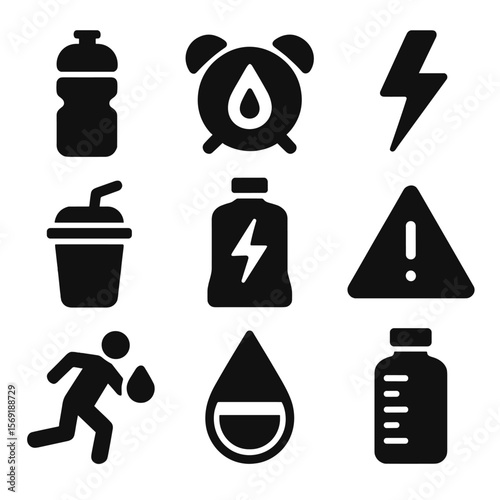 Hydration and Energy Icons. Solid vector icons of hydration and energy: sports water bottle, hydration reminder icon, energy boost