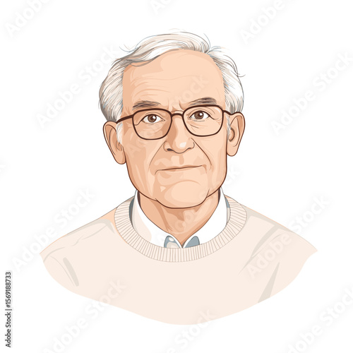 Mature man with glasses serious expression white background illustration