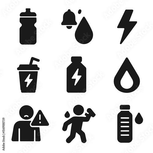 Hydration and Energy Icons. Solid vector icons of hydration and energy: sports water bottle, hydration reminder icon, energy boost