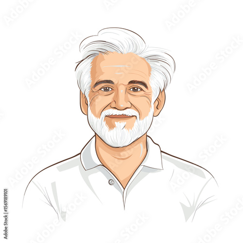 Mature man with beard smiling warmly white background illustration