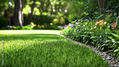 A lush green lawn bordered by colorful flowers and pebbles, set in a sunny garden environment.