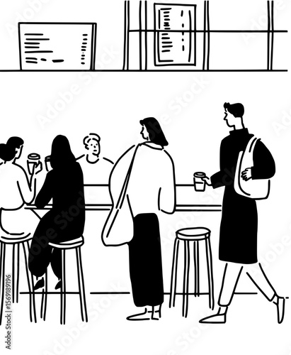 Modern city lifestyle scene with people enjoying coffee, simple black and white sketch.