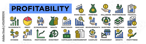 Rising Graph, Money Bag, Dollar Sign, Profit Increase, Financial Report, Bar Chart, Revenue Growth, Investment Return, Money Stack, Income Profitability icon set. Editable Stroke Icon Collection.