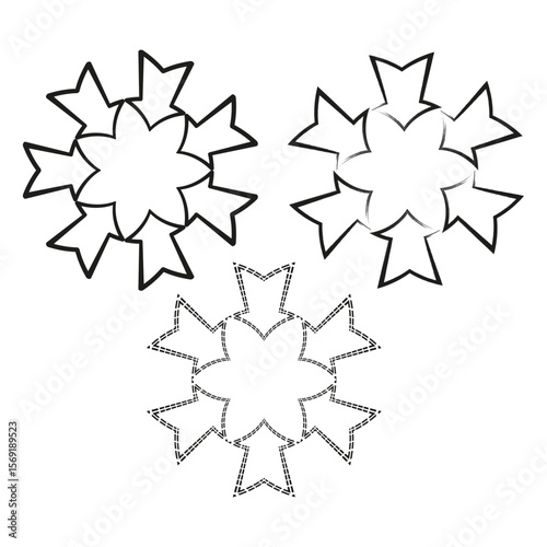 Star shaped elements. Decorative rosette designs. Abstract geometric symbols. Vector outline illustrations.