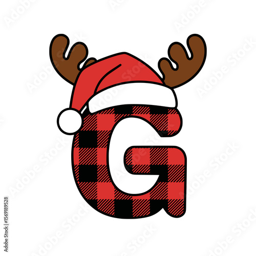 Christmas letter G with plaid, antlers, and Santa hat, Festive uppercase letter G decorated with a red plaid pattern, cartoon antlers, and a Santa hat, perfect for Christmas and holiday-themed design
