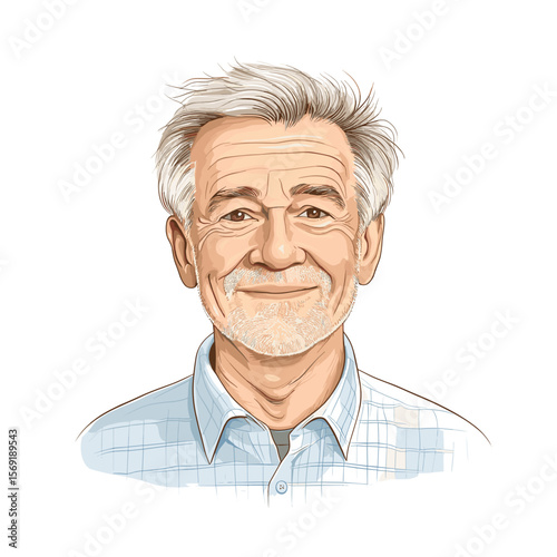  Mature man with gray hair smiling front view white background illustration