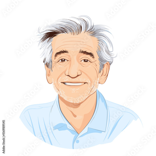  Mature man smiling with tousled hair white background illustration