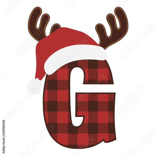 Christmas letter G with plaid, antlers, and Santa hat, Festive uppercase letter G decorated with a red plaid pattern, cartoon antlers, and a Santa hat, perfect for Christmas and holiday-themed design
