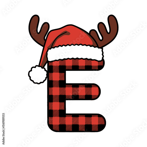 Christmas letter E with plaid, antlers, and Santa hat, Festive uppercase letter E decorated with red plaid pattern, cartoon antlers, and a Santa hat, perfect for holiday crafts and Christmas design 

