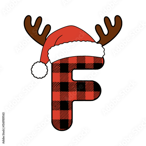 Christmas letter F with plaid, antlers, and Santa hat, Festive uppercase letter F decorated with red plaid pattern, cartoon antlers, and a Santa hat, perfect for Christmas crafts and holiday design 
