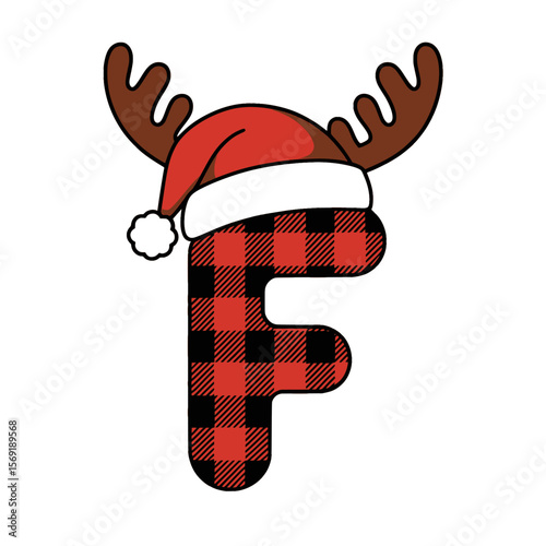 Christmas letter F with plaid, antlers, and Santa hat, Festive uppercase letter F decorated with red plaid pattern, cartoon antlers, and a Santa hat, perfect for Christmas crafts and holiday design 
