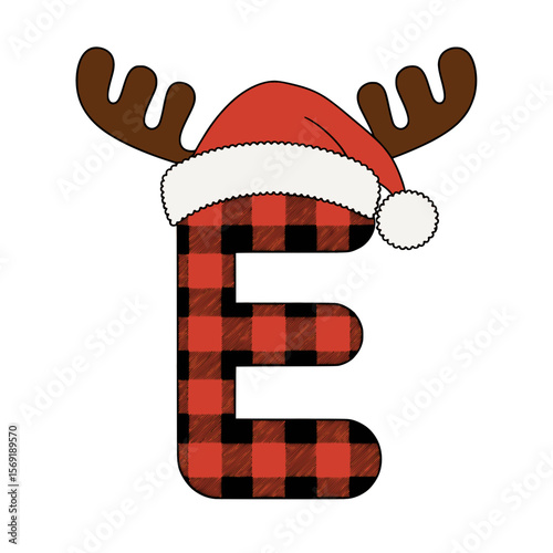 Christmas letter E with plaid, antlers, and Santa hat, Festive uppercase letter E decorated with red plaid pattern, cartoon antlers, and a Santa hat, perfect for holiday crafts and Christmas design 
