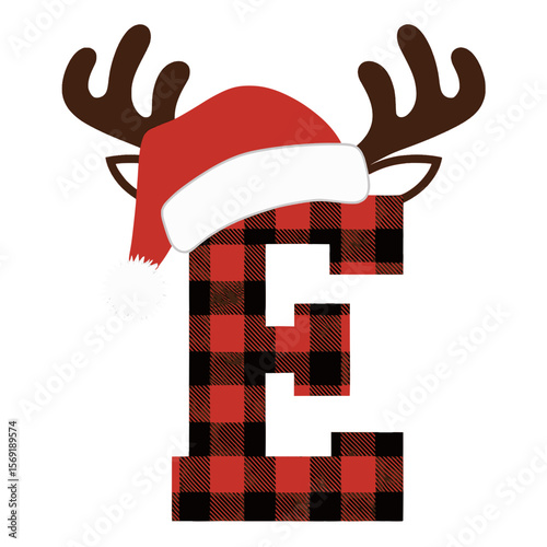 Christmas letter E with plaid, antlers, and Santa hat, Festive uppercase letter E decorated with red plaid pattern, cartoon antlers, and a Santa hat, perfect for holiday crafts and Christmas design 
