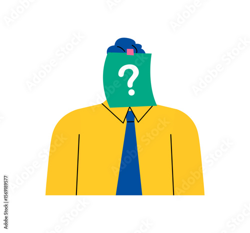 Confused business man thinking with question mark on sticky note. Flat vector illustration isolated on white background