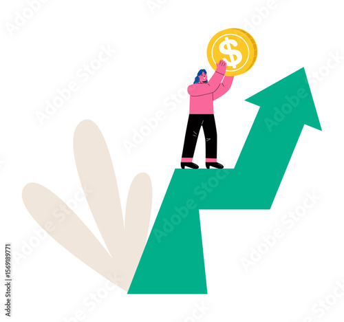 Business woman holding coins on the arrow. Profit growing concept. Flat vector illustration isolated on white background