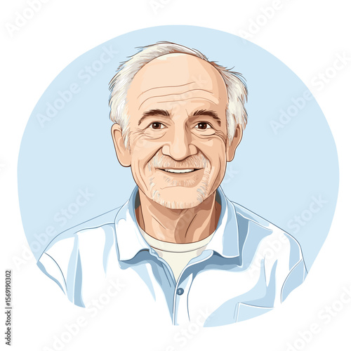 Mature man smiling warmly in blue shirt white background illustration