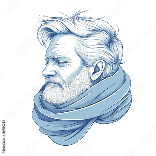 Mature man with beard and scarf calm profile white background illustration