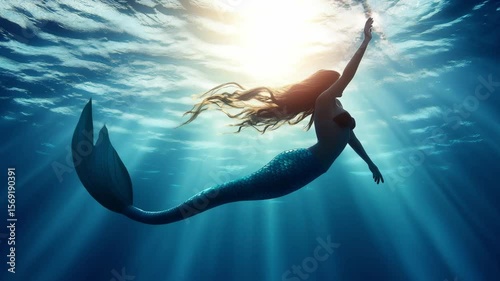 A mermaid glides through clear ocean waters, illuminated by sunlight filtering from above, capturing a sense of magic and wonder