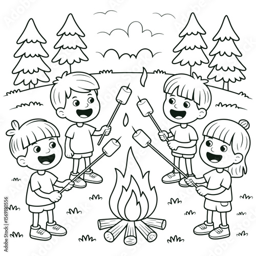 Happy Kids Roasting Marshmallows Over Campfire Fun Camping Coloring Page for Children