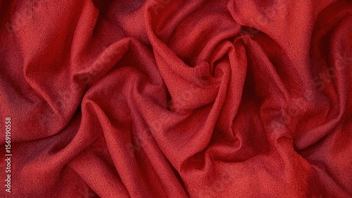 Unique texture of soft red fabric folds creating dynamic abstract pattern ideal for textile design, fashion background, cozy atmosphere, warm color tone, close-up detail shot, natural light effect