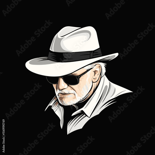  Mature man in white hat and sunglasses dark background illustration
