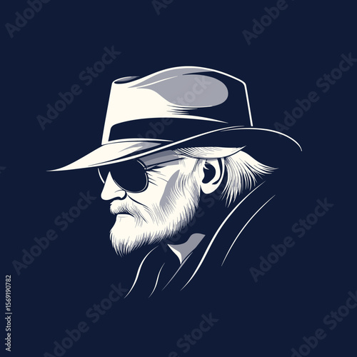 Mature man with hat and sunglasses profile dark background illustration