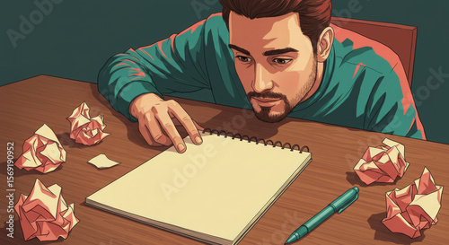A person in a creative crisis is sitting at a desk, staring at an empty notebook. The crumpled sheets of paper symbolize failed attempts and the search for new inspiration to solve work-related tasks.