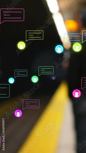 Animation of social media reactions over blurred train station
