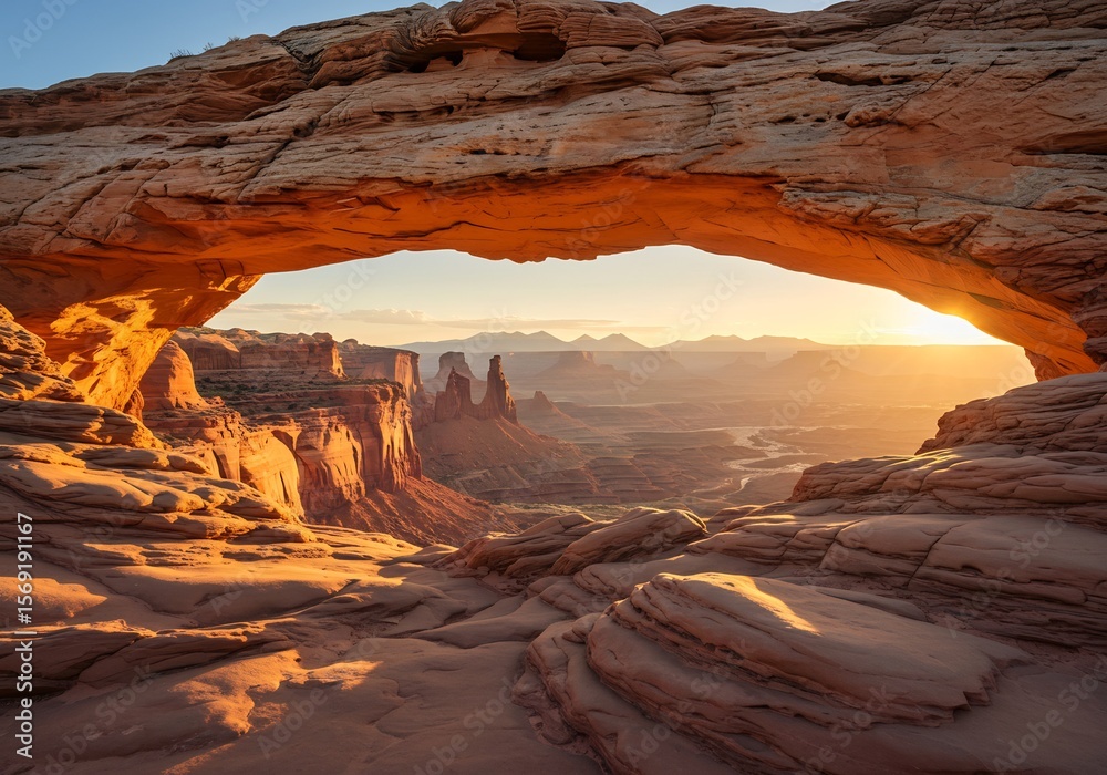 Fototapeta premium 황홀한 일출 암석 아치 풍경 따스한 햇살 가득한 아름다운 자연