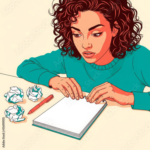 A person in a creative crisis is sitting at a desk, staring at an empty notebook. The crumpled sheets of paper symbolize failed attempts and the search for new inspiration to solve work-related tasks.