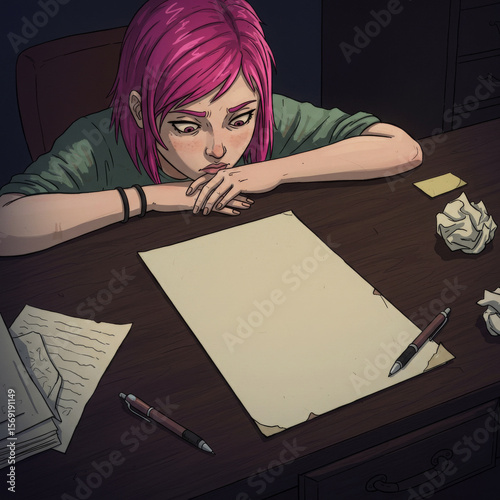 A person in a creative crisis is sitting at a desk, staring at an empty notebook. The crumpled sheets of paper symbolize failed attempts and the search for new inspiration to solve work-related tasks.