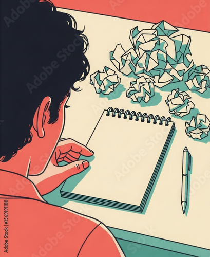 A person in a creative crisis is sitting at a desk, staring at an empty notebook. The crumpled sheets of paper symbolize failed attempts and the search for new inspiration to solve work-related tasks.