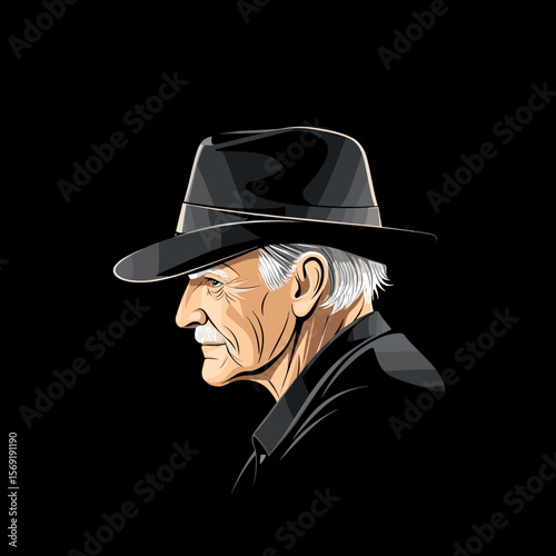 Mature man in black hat serious profile dark background illustration