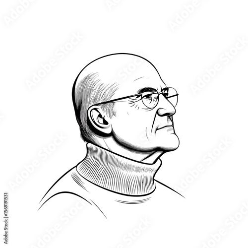 Mature bald man in glasses profile view sketch style white background illustration