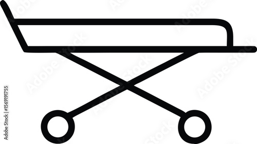 Simple black outline icon of a medical transport stretcher with wheels on a white background