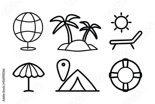 Globe palm trees sun lounge chair umbrella tent life preserver island