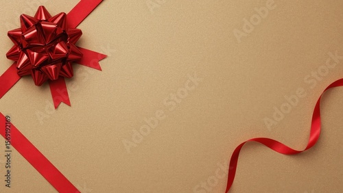 Unique texture of elegant red ribbon bow on beige paper background perfect for gift wrapping, holiday celebrations, festive occasions, Christmas, birthday, decorative design, and seasonal greetings
