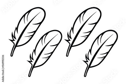 Four black quill pens on white background writing feather