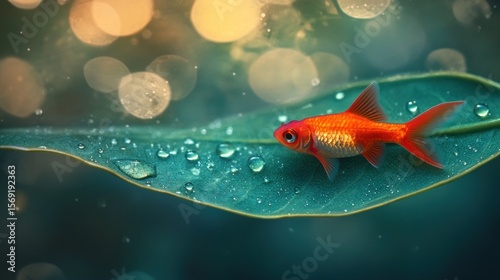 Tiny orange fish on a dewy leaf, bokeh