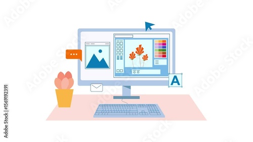 Animated video of computer with front view. Working space animation