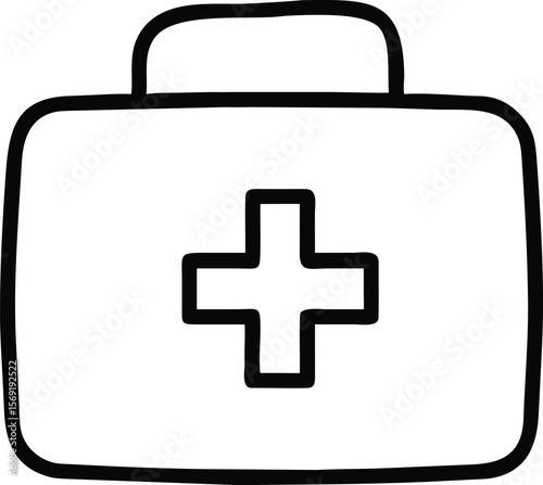 Simple black outline first aid kit icon with a red cross symbol