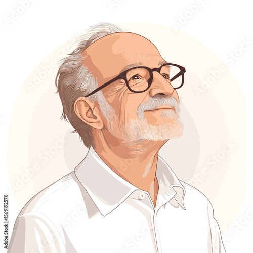  Mature man with glasses smiling looking up white background illustration