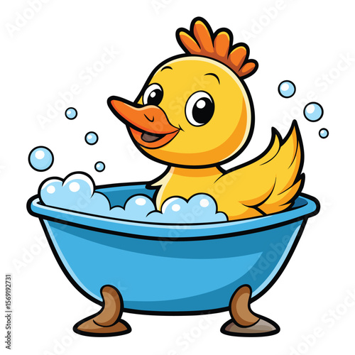 A happy cartoon duck is splashing and playing in a bathtub, symbolizing bath time, hygiene, and a fun moment.