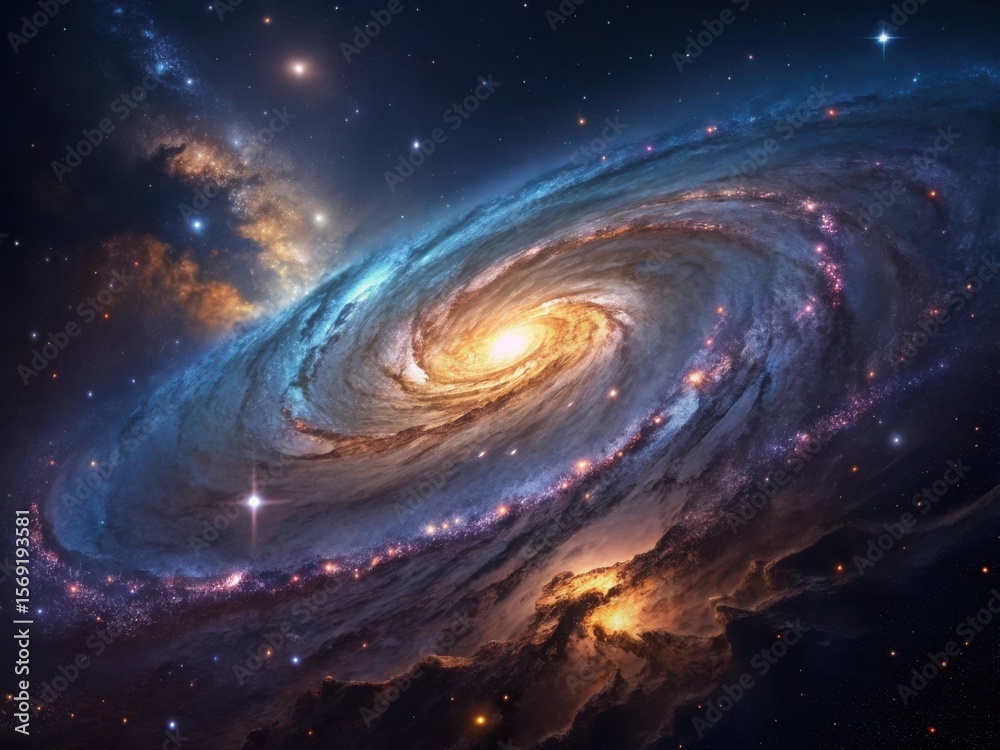 Obraz premium A breathtaking view of a vibrant spiral galaxy with a bright central core and swirling arms filled with stars and nebulae