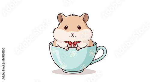 Cute Cartoon Hamster in Floral Teacup with Bow Tie