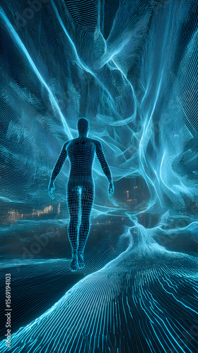 Digital exploration of a neon landscape navigating abstract spaces in a futuristic world