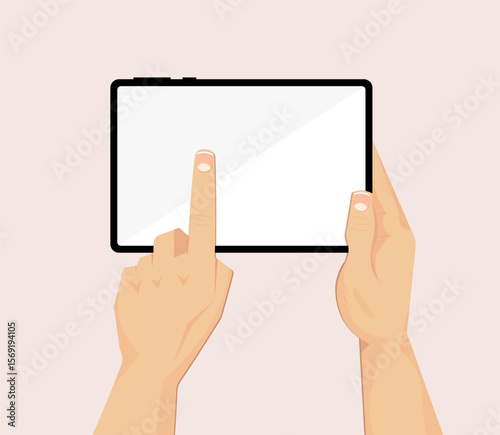 Tablet with hand touch. Flat design showing gesture interaction with screen on digital device. Vector user interface concept.